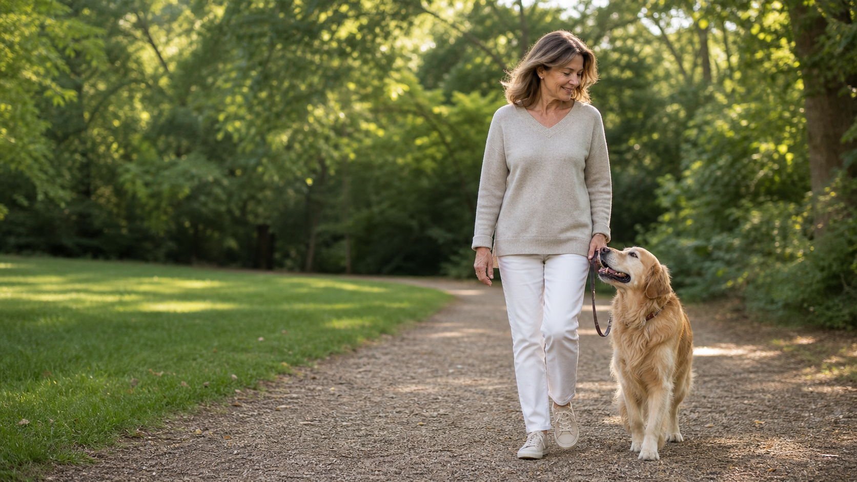 Adult woman walking a Golden Retriever on a tree-lined park path
